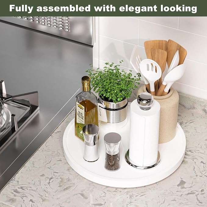 White Lazy Susan, 13.2 Inch Non-Skid Bamboo Turntable | Kitchen Table Cabinets and Closets, Wood Organizer for Kitchen Countertop - Image 2
