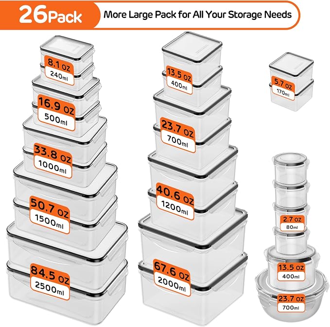 52 PCS Food Storage Container with Lid Airtight (26 Lids & 26 Containers) | Leakproof Plastic Kitchen Organization Set Reusable Microwave/Freezer/Dishwasher Safe Meal Prep Container with Label & Pen - Image 2