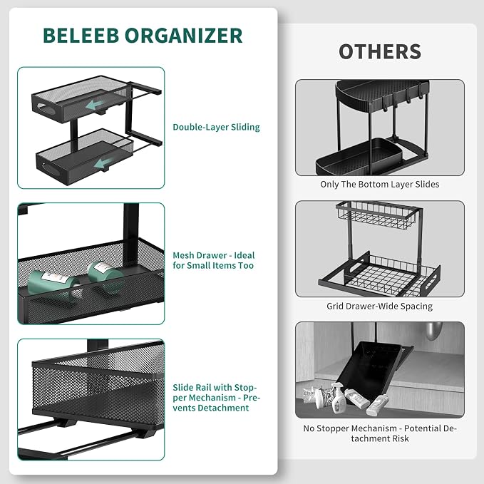 Under Sink Organizer, 1-Pack of 2-Tier Metal Slide Out Pull Out Cabinet Organizer Shelf, Height Adjustable Organization and Storage Series, Bathroom/Desktop/Cabinet/Kitchen organization, Black - Image 4