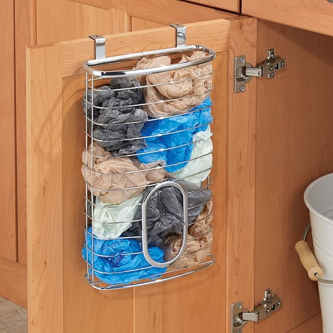 mDesign Steel Hanging Cabinet Storage Organizer Holder for Kitchen, Pantry - Holds Plastic, Sandwich, Garbage, Grocery and Trash Bags; Wrap, Foil, Pack - Spira Collection - Chrome - Image 2