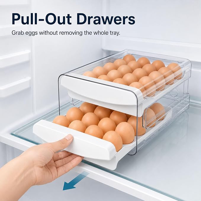 Egg Holder for Fridge, 40-Egg Refrigerator Organizer with Drawers | Egg Storage for Refrigerator, Clear Egg Container, 2-Tier Egg Tray for Fridge, Stackable Lid, BPA-free PET and PP, Hand Wash. - Image 5