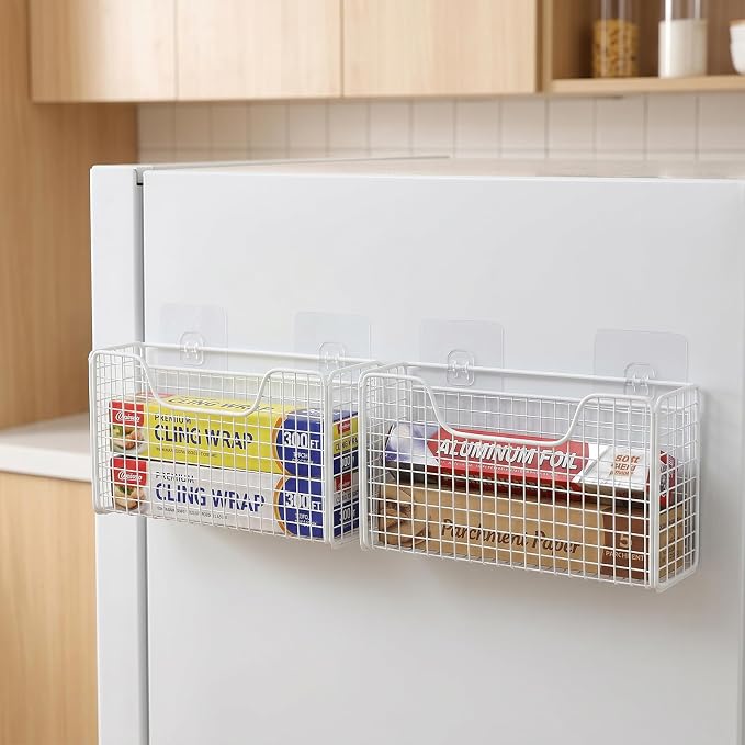 2 Pack Aluminum Foil Organizer, Foil and Plastic Wrap Organizer, Pantry Kitchen Cabinet Door Organizers, Self Adhesive Wall Mounted Storage Hanging Basket for Ziplock Bag, No-Drill, Mesh Metal, White - Image 4