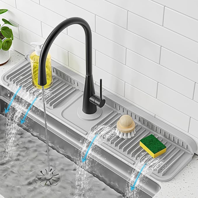 PoYang 24 Inch Faucet Mat for Kitchen Sink Splash Guard, Light Grey | Sink Protectors with 7° Slope for Smooth Drainage, Snap Button Holds It in Place, 90° Foldable & Cuttable Hole Fit Most Sinks by PoYang