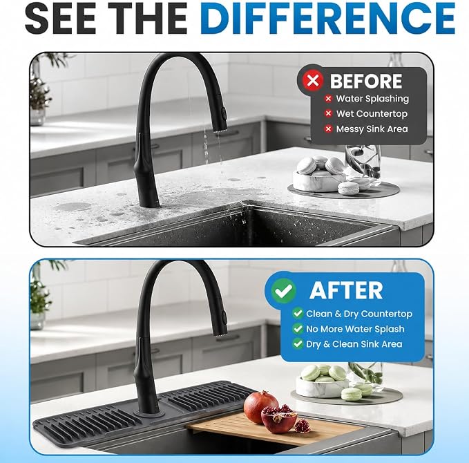 Faucet Mat for Kitchen Sink – 24 Inch Silicone Sink Splash Guard with 2 FREE Drain Cleaning Rods, Food-Grade Kitchen Faucet Mat, Self-Draining Countertop Protector for Kitchen & Bathroom - Image 5