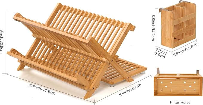 Bamboo 3 Tier Dish Drying Rack with Utensil Holder | Collapsible Dish Rack for Kitchen Counter, Large Folding Drying Holder, Dish Drainer, Kitchen Organizers and Storage - Image 2