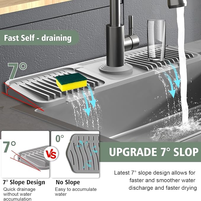 17.7-Inch Kitchen Sink Splash Guard Mat | 7° Slope for Fast Self-Draining | Snap-Lock Design | Universal & Cuttable Silicone Faucet Mat Gray - Image 4
