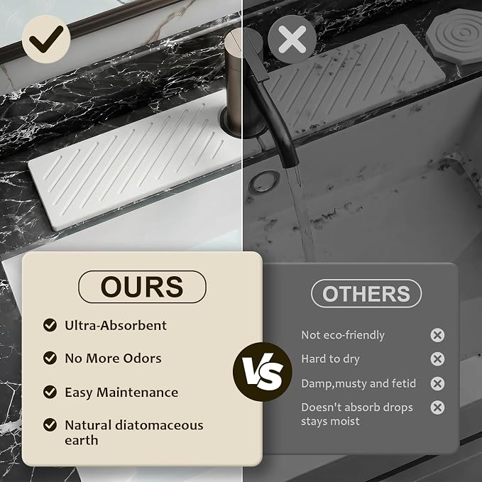 Stone Faucet Mat for Kitchen Sink,Sink Splash Guard Absorbent Drying Mat | Diatomite Fast Water Tray for Bathroom Counter,Quick Dry Sink Protector Kitchen Accessories(White, 20"×3.9") - Image 4