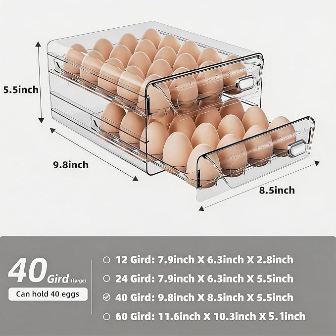 HIYOHIYO Clear 40 Grid Egg Holder for Fridge, with Drawers, 2-Tier | with Time Scale Marking | Large Capacity | Stackable | Sturdy Eggs Container for Refrigerator and Countertop - Image 2