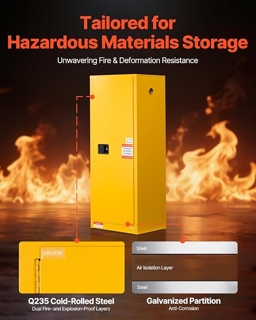VEVOR Flammable Cabinet 18" x 23" x 65", 23 Gallon Flammable Storage Cabinet with Adjustable Shelf, Cold-Rolled and Galvanized Steel Fire Cabinets, for Commercial Industrial Home Use, Yellow - Image 3
