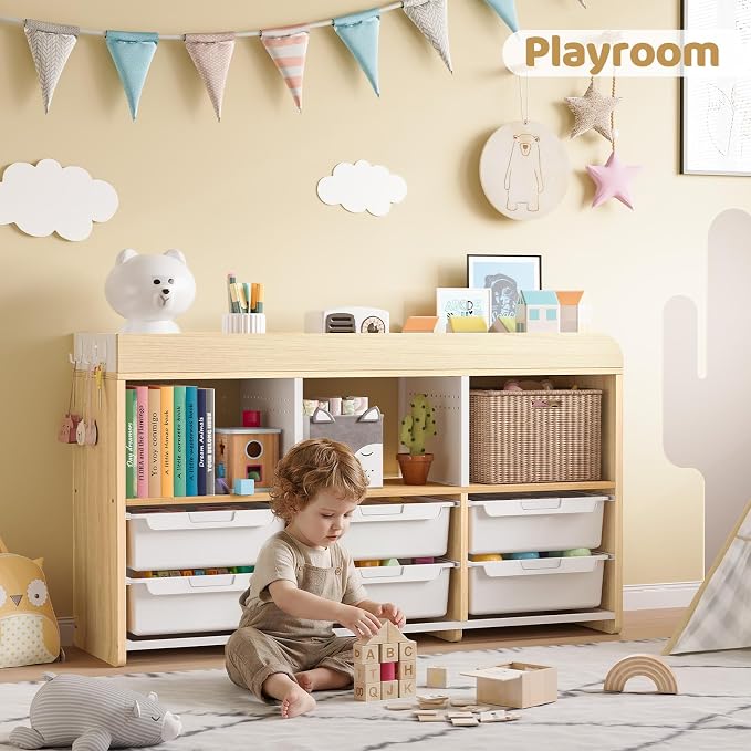 Classroom Storage Organizer with 6 Bins, 3 Shelves and Pegboard, White | 6 pull-out bins, 3 open cubbies, child-height access, easy-clean storage for Kid room,playrooms, classrooms and craft rooms - Image 6