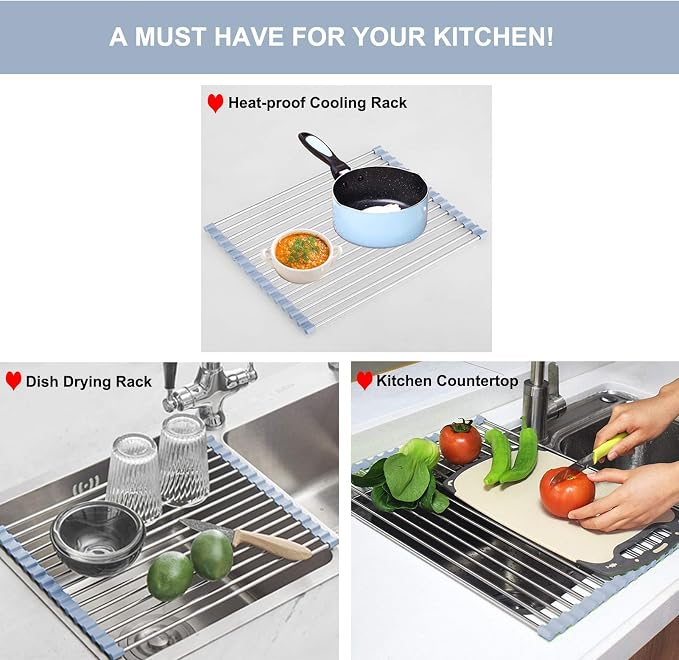 Over The Sink Dish Drying Rack, Roll Up Dish Drying Rack Kitchen Dishes Rack Stainless Steel Sink Drying Racks, Foldable Dishes Drainer, Gray (17.5''x15.7'') - Image 3