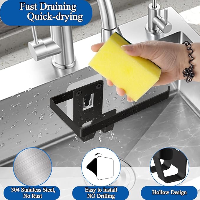 GAViA Sponge Holder for Kitchen Sink, Removable Stainless Steel Sink Caddy | Black Sponge Holder, Rustproof Brush Holder,Self-Draining Sink Organizer Rack,Inside Sink, Wall-Mounted, No Drilling - Image 3