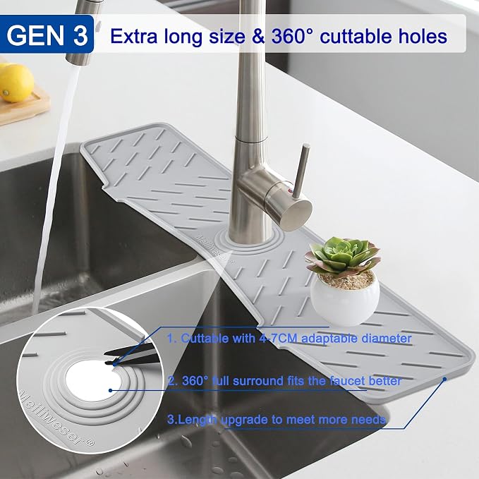 Faucet Mat for Kitchen Sink – 24” x 5.1” Extra-Long Silicone Splash Guard with 10° Slope & Upgraded Drainage – Gen 3 Sink Water Catcher & Sponge Holder for Kitchen, Bathroom (Gray) - Image 6