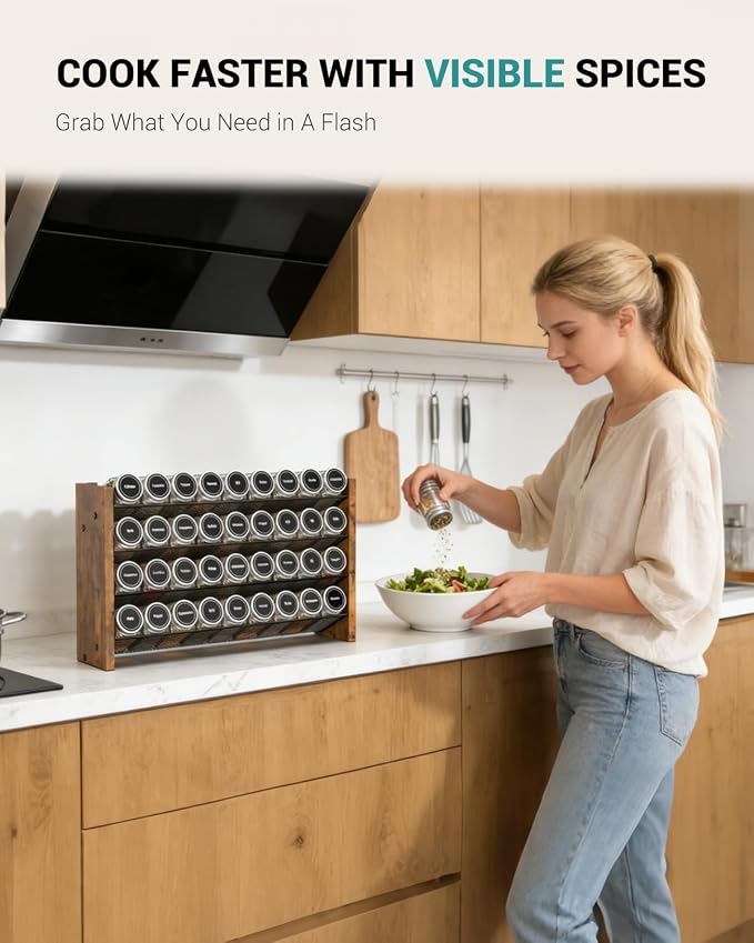 Spice Rack Organizer for Cabinet, Wood Countertop Shelf, No Jars Included | Holds 36 Standard 4 oz Jars, Fits Jars Under 1.8 in Wide, 4-Tier Kitchen Seasoning Organizer, Wall Mount, 17.2" W x 10.3" H - Image 4