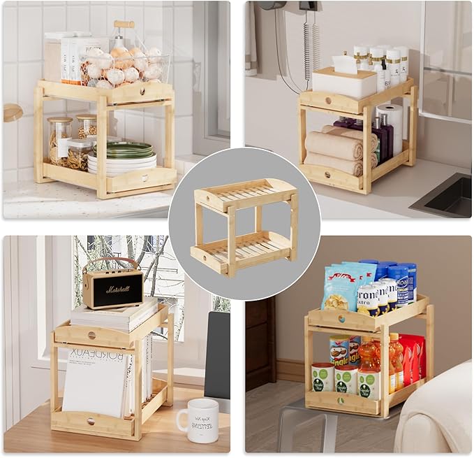 2 Pack Bamboo Under Sink Organizer, 2-Tier Pull-Out Drawers, Kitchen & Bath | Pull-out drawers keep cleaners and tall bottles visible, organized and easy to reach in kitchen or bathroom cabinets - Image 6