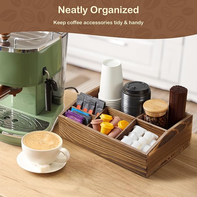 Burnt Wood Coffee Station Organizer for Countertop, Coffee Bar Accessories and Organizer, Rustic Coffee Pod Holder Storage Basket for K Cup Sugar Tea - Image 2