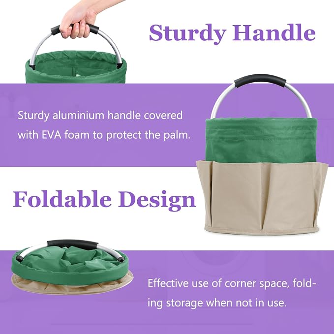 17L Foldable Cleaning Supplies Caddy with Handle, Khaki with Green | IHOMAGIC 6-Pocket Tool Bag, 600D Oxford Cleaning Tote Bucket, Portable Storage Basket Organizer for Car Detailing, Gardening - Image 3