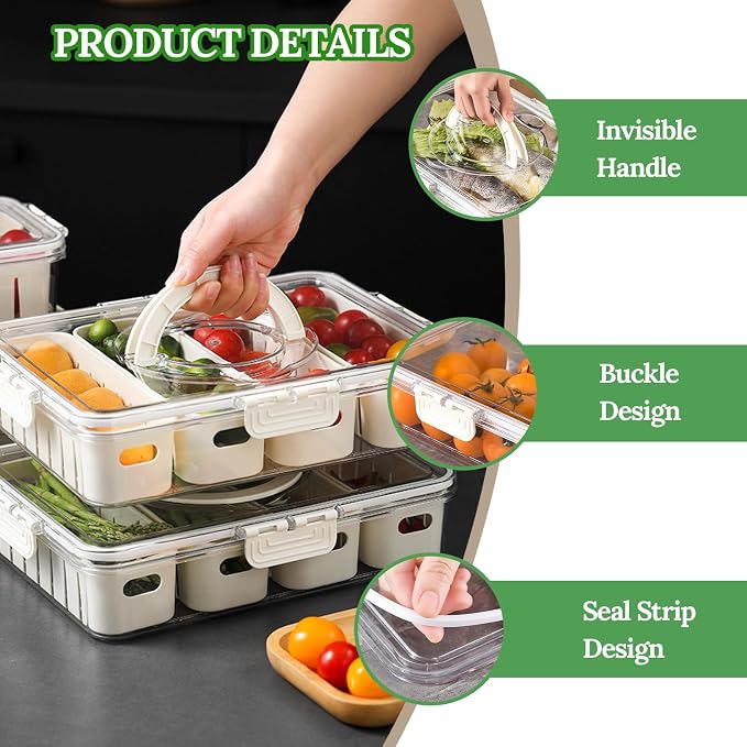 Salad Bar Containers for Fridge with Lid Handle, Fruit Storage Veggie Tray | Salad Prep Container with 4 Removable Strainers, Berry Box Fresh Produce Saver Lettuce Keeper for Refrigerator Kitchen Picnic - Image 4
