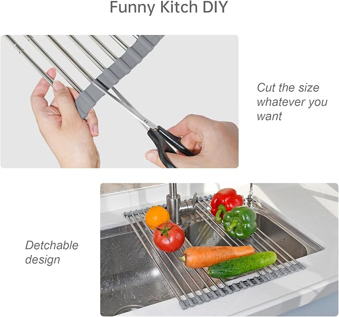 Large Expandable Roll Up Dish Drying Rack, Heat-Resistant Dish Drainer for Stainless Steel Sinks, Over The Sink Non-Slip Silicone Rollable Dish Drainer Roll Rack 18 Tube Gray 21.25''x12.79'' - Image 4