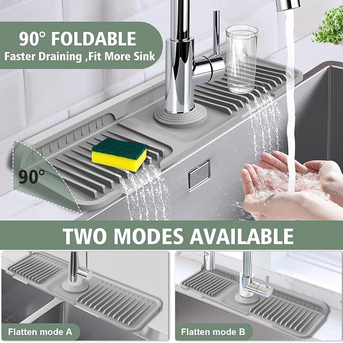 17.7-Inch Kitchen Sink Splash Guard Mat | 7° Slope for Fast Self-Draining | Snap-Lock Design | Universal & Cuttable Silicone Faucet Mat Gray - Image 5