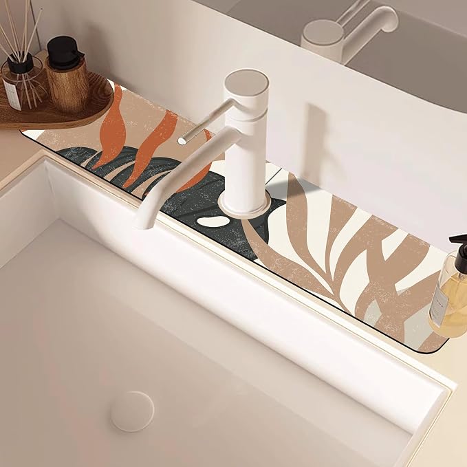 Mid Century Boho Leaves Kitchen Sink Splash Guard Absorbent Fast Drying Mat Faucet Draining Guard Behind Faucet Drip Catcher for Kitchen Bathroom 5.5"24" - Image 2