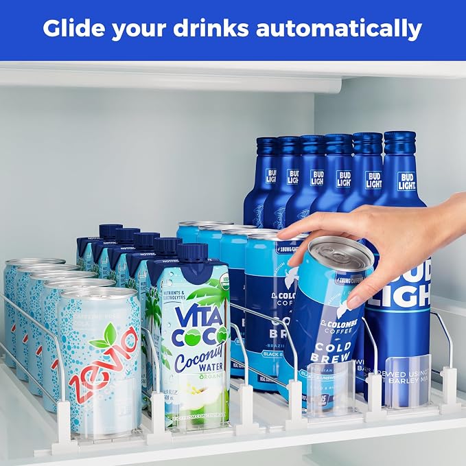Puricon Drink Organizer for Fridge, Soda Can Organizer -2 Rows, White | Self-Pushing Spring-Loaded Drink Dispenser for Refrigerator, Holds Soda, Beer & Water Bottles Neatly in Rows - Image 2