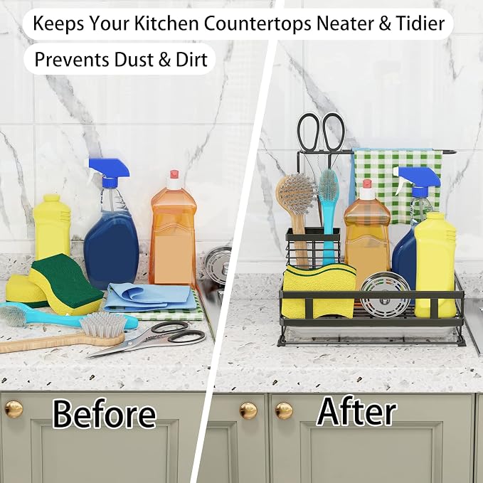 Kitchen Sink Organizer with Brush Rack - Sink Caddy with Drain-Pan | Stainless Steel Sponge Holder for Kitchen Sink with Towel Rack, Organizer for Dish Soap Dispenser, 10.5"L × 5.9"W × 10.5"H - Image 4