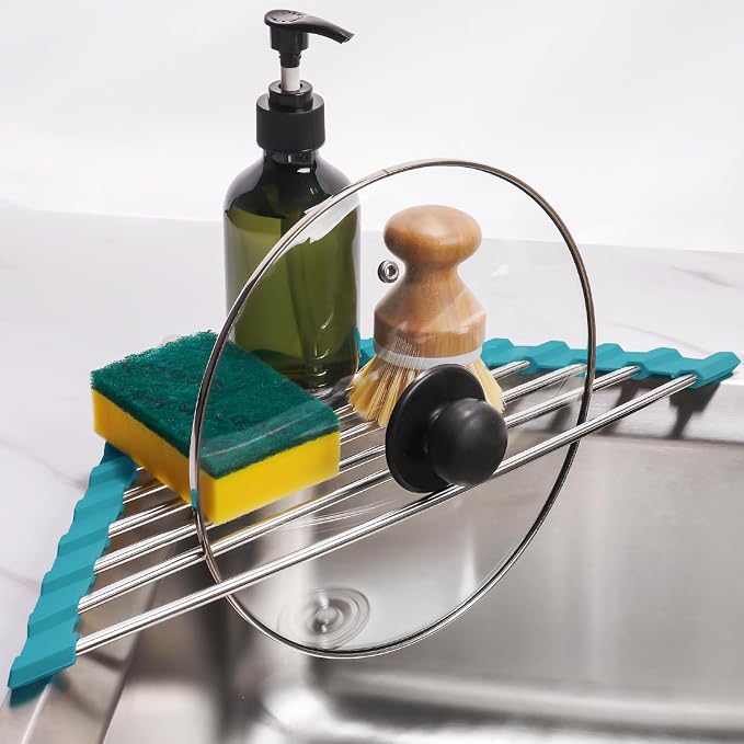 Tomorotec Triangle Roll-Up Dish Drying Rack for Sink Corner Small Foldable Stainless Steel Over The Sink Multipurpose Kitchen Drainer Caddy Organizer Storage Shelf Holder (Dark Green) | BPA-Free Food-Grade Silicone Edges Foldable Waterproof Rustproof H... - Image 8