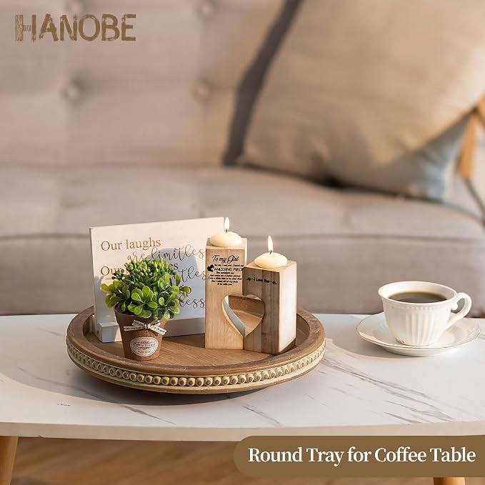 Hanobe Lazy Susan Centerpiece Tray, Round Wooden Turntable Organizer, Brown | 12" Home Decor with Beaded, for Dining Table Kitchen Counter Coffee Table - Image 3