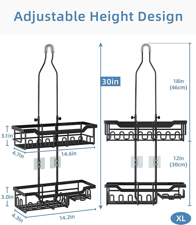 Shower Caddy Hanging Organizer, Extra Large Rack Over Showerhead with Hooks, Adjustable Height Shower Caddy for Big Shampoo Bottle, Black - Image 2