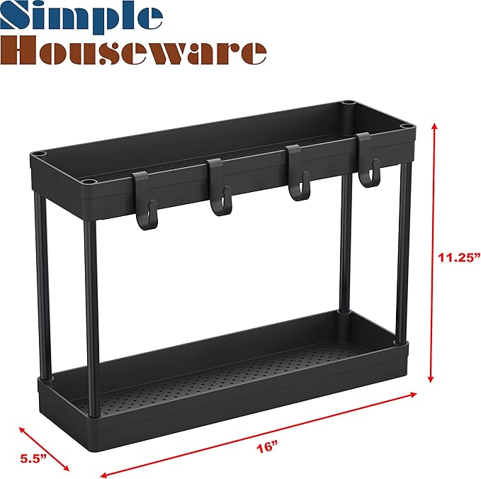 Simple Houseware 2-Tier Under Sink Organizer Storage Tray with Hooks, Black - Image 6