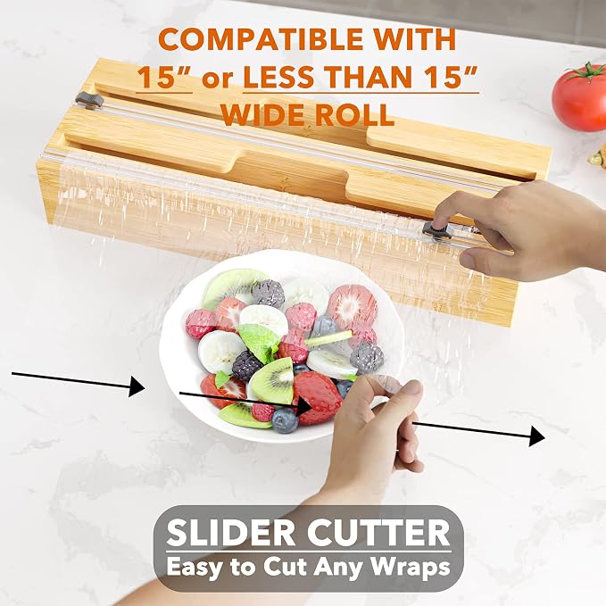 SpaceAid 2 in 1 Long Wrap Dispenser (Need 3" Deep Drawer) with Cutter, Plastic Wrap, Aluminum Foil Dispenser for Kitchen Drawer, Bamboo Roll Organizer Holder, Compatible with 15" Roll - Image 2