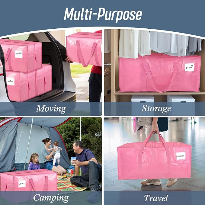 12 Pack Extra Heavy Duty Large Moving Bags with Strong Zipper, Pink | Comfortable Handles, Sturdy & Durable Clothes Storage Bags Totes Bins, Blue Packing Moving Boxes for College Supplies - Image 7