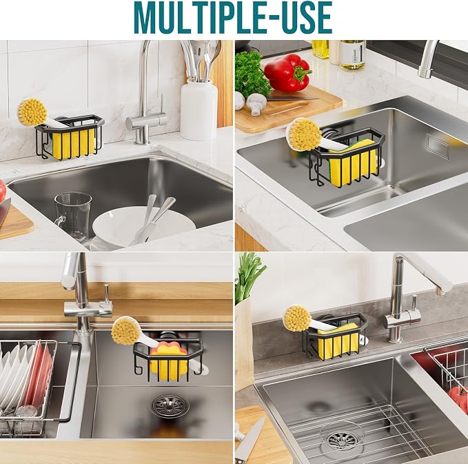 TAILI Sponge Holder for Kitchen Sink with Strong Suction Cup-Black | Removable Sink Caddy for Kitchen Sink Oganizer, Rustproof Aluminum Sink Sponge Holder for Scraper Brushes, Stoppers - Image 8