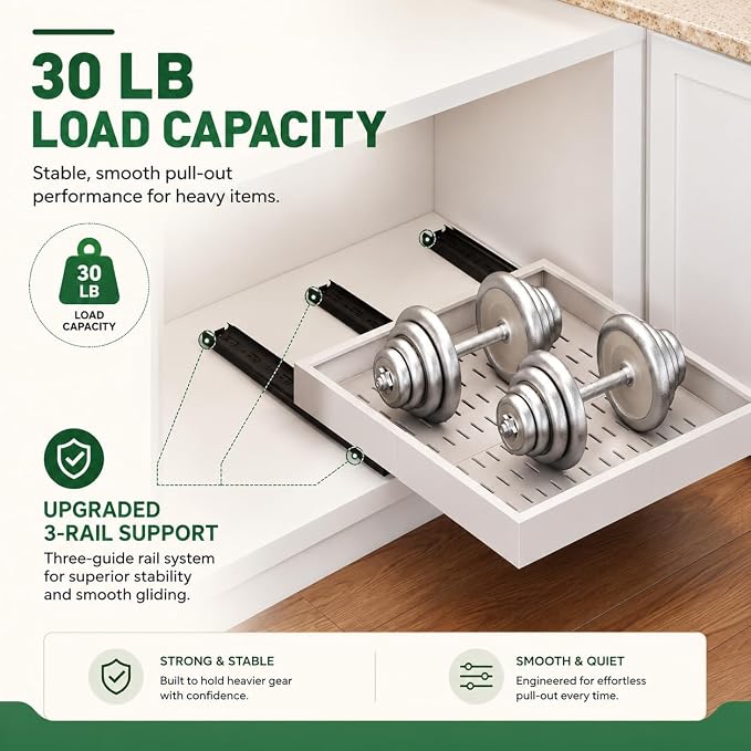Fokyfok Pull out Cabinet Organizer,Expandable,No Drill,Heavy Duty,Kitchen | 16"-21"Wx13"-17"D,3 Rails,Pull out Drawers,Cabinet Drawers Slide out,Roll out Shelves,Pantry,Bathroom,Adhesive,Adjustable,1PC - Image 4