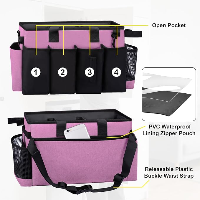 Wearable Large Cleaning Caddy Bag for Housekeepers (Pink) | Cleaning Supplies Organizer with Adjustable Shoulder, Waist & Handle Straps, Detailing Bag for Kitchen Supplies - Image 3