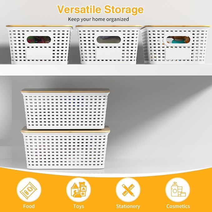6 Pack Plastic Storage Baskets,White bamboo lid storage Box | Labels, Stackable, For Organizing Shelves Pantry Drawers Desktop Closets Organizing Desktop Closet Playroom Classroom - Image 6