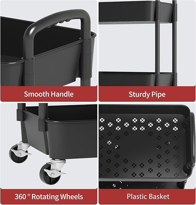 Sywhitta 3-Tier Plastic Rolling Utility Cart with Wheels for Storage,Black | Multi-Functional Storage Trolley, for Office, Living Room, Kitchen, Bathroom,Movable Organizer,Space-Saving,Easy to assemble - Image 7