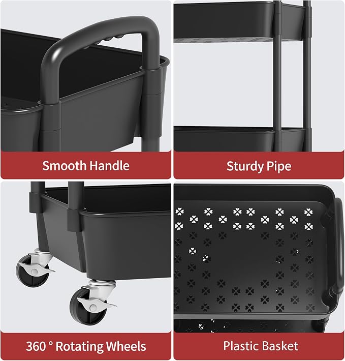 Sywhitta 4-Tier Plastic Rolling Utility Cart with Wheels for Storage, Black | Multi-Functional Storage Trolley, for Office, Living Room, Kitchen, Bathroom,Movable Organizer,Space-Saving,Easy to assemble - Image 4