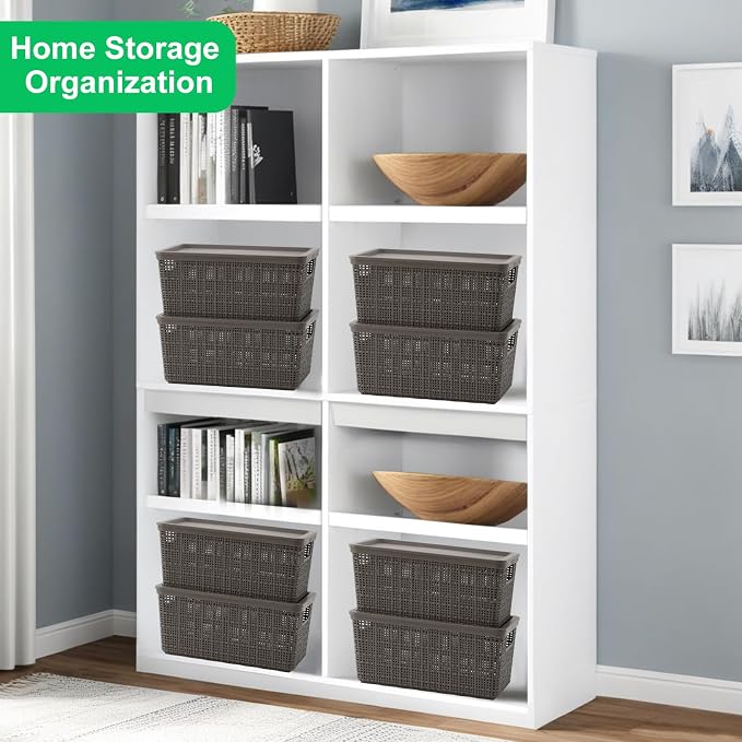 6 Pack Plastic Storage Baskets with Lid,Grey Stackable Bins | Durable Woven Plastic With handle Breathable,Save space,For Organizing Desktops, Closets, Playrooms, Classrooms, Offices - Image 7