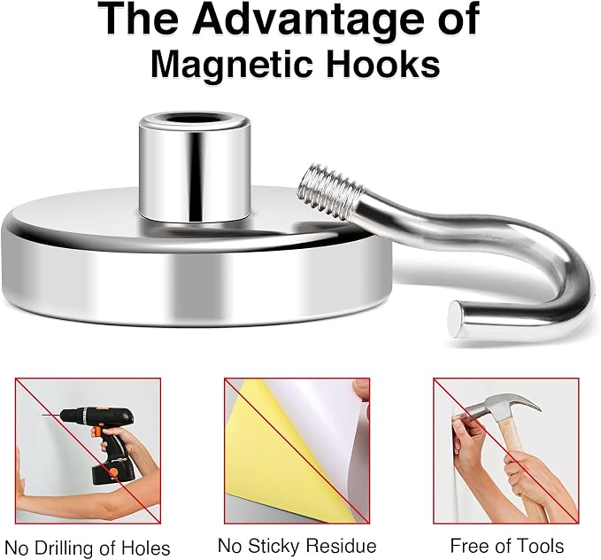 Magnetic Hooks Heavy Duty 170LB+ Strong Magnets Hook for Outdoor | Hanging Brackets Rare Earth Neodymium Hooks with Epoxy Coating Cruise Magnets with Hook for Hanging Garage 6 Pcs Black - Image 6