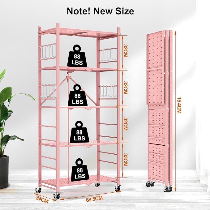 Himix 5-Tier Folding Storage Shelves with 20 Hooks Wheels Home Pink | Folding shelving units, Metal collapsible organization, Wire shelf, No assembly, Kitchen, Room, Holds 440 Ibs No assembly - Image 3