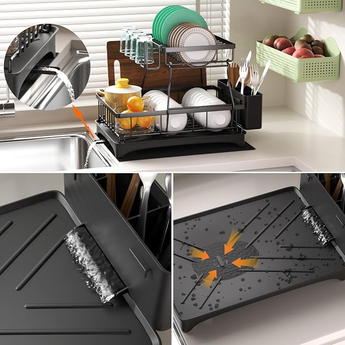 2-Tier Dish Drying Rack - Dish Rack with Auto Drain-to-Sink & Mat | Dish Racks for Kitchen Counter, Dish Drainer with Knife Fork & Cup Rack, Gifts for Women, Mothers Day, Kitchen Gadgets, Black - Image 6