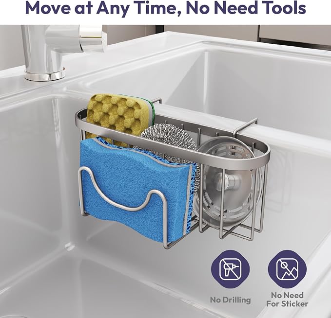SWTYMIKI Sponge Holder for Kitchen Sink - Movable Kitchen Sink Caddy with M Hook Stainless Steel Hanging Sponges Caddy Organizer in Double Bowl Sinks Depth>3.15in, Middle Divider<1.5in, Sand Nickel L - Image 5