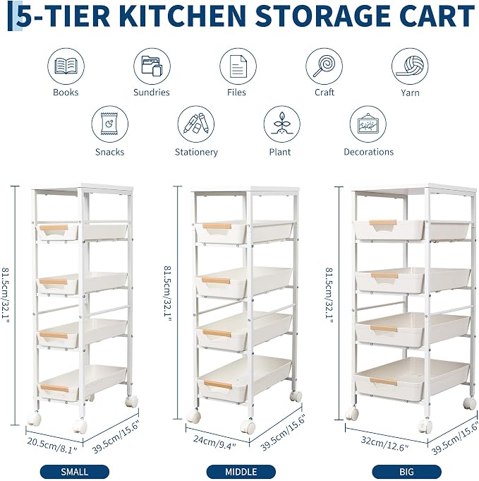 Garvee 5-Tier Slim Rolling Storage Cart, 9.5" Wooden Top Narrow Kitchen Carts on Wheels with Pull-Out Baskets, Mobile Shelving Unit Organizer for Kitchen, Bathroom, Laundry Room, Small Spaces - Image 3