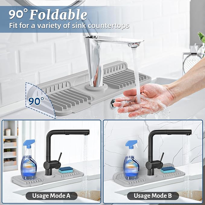 PoYang 14.6 Inch Faucet Mat for Kitchen Sink Splash Guard, Light Grey | Sink Protectors with 7° Slope for Smooth Drainage, Snap Button Holds It in Place, 90° Foldable & Cuttable Hole Fit Most Sinks - Image 2