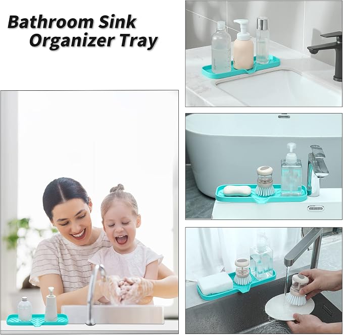 MicoYang Silicone Soap Dish with Drain Spout — Self-Draining Double Sink Organizer Tray for Kitchen & Bathroom, Dispensers, Sponges & Soap Holder, Non-Slip & Dishwasher Safe, Mint (Large, 12"×4") - Image 4