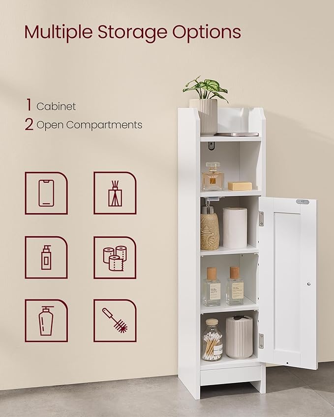 VASAGLE Small Storage Corner Floor Cabinet with Door，Cloud White | Narrow Toilet Paper Storage Holder, 7.1 x 7.5 x 31.5 Inches, Adjustable Shelves, SIREN Collection UBBC310W01 - Image 4