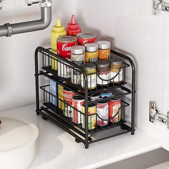 2-Tier Pull Out Organizer Under Sink Sliding Cabinet Rack,Black | Stackable Sliding Storage Drawer organizer with adjustable height and anti slip pad. Kitchen,Office or Cabinet Storage - Image 2