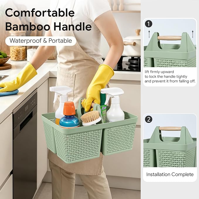 UUJOLY Portable Plastic Shower Caddy Basket with Wooden Handle, Green | Divided Storage Organizer Tote for Bathroom, Dorm, College, Kitchen & RV – Lightweight, Easy-Carry Essentials Caddy - Image 2